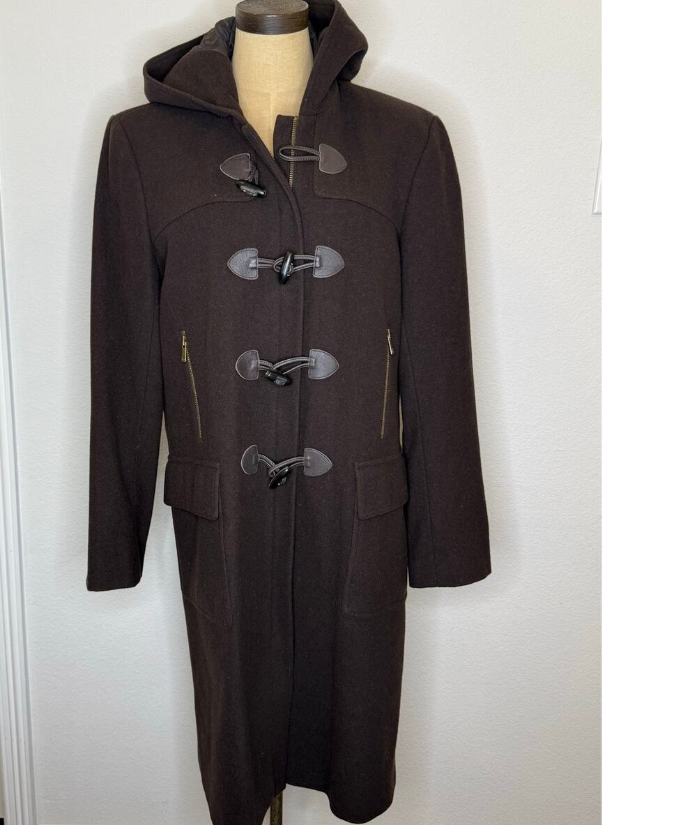 Michael Kors wool hooded Toggle Button Brown Overcoat Coat Jacket Women XL
